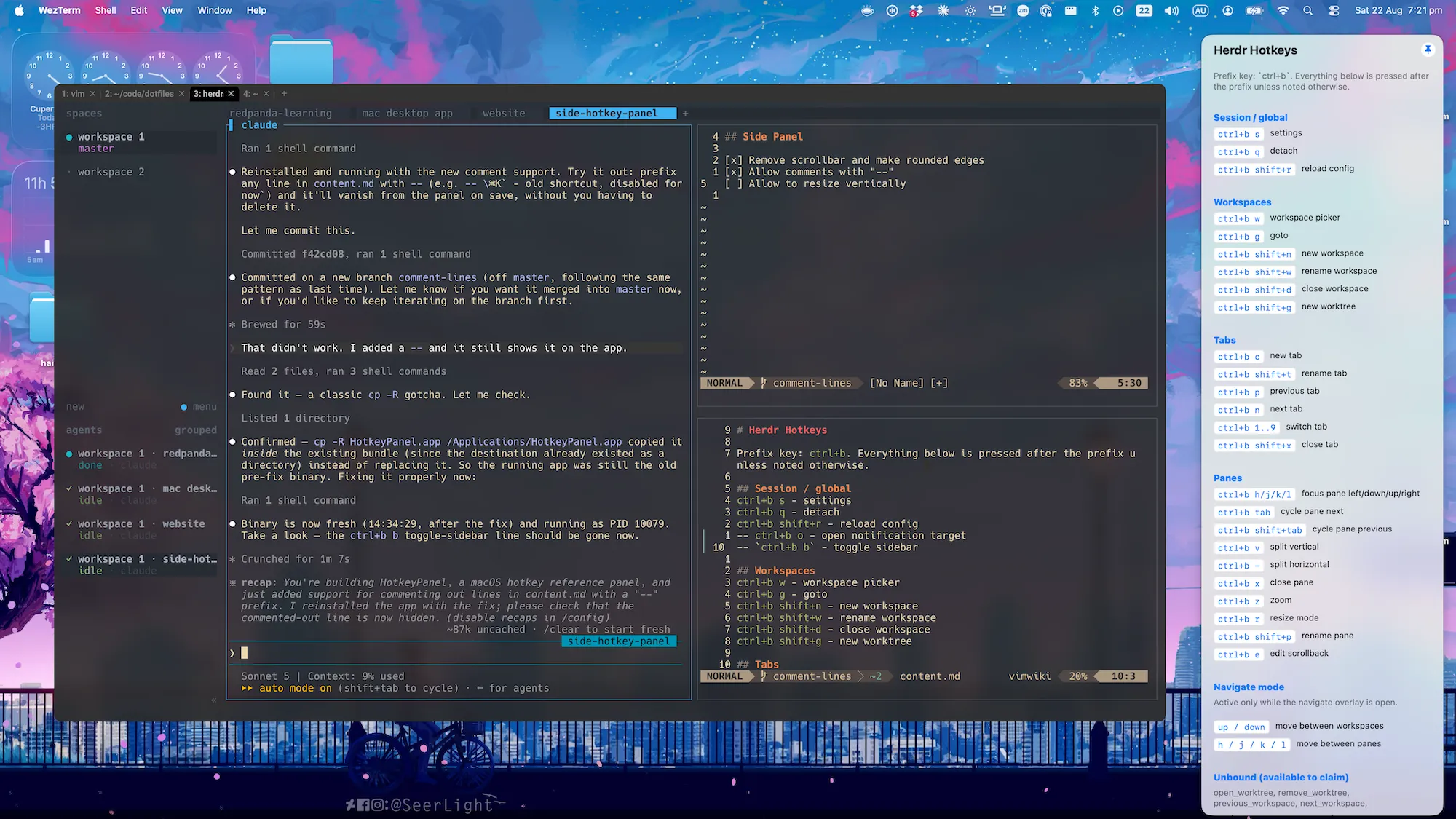 The hotkey sidebar app, showing a floating panel of shortcuts